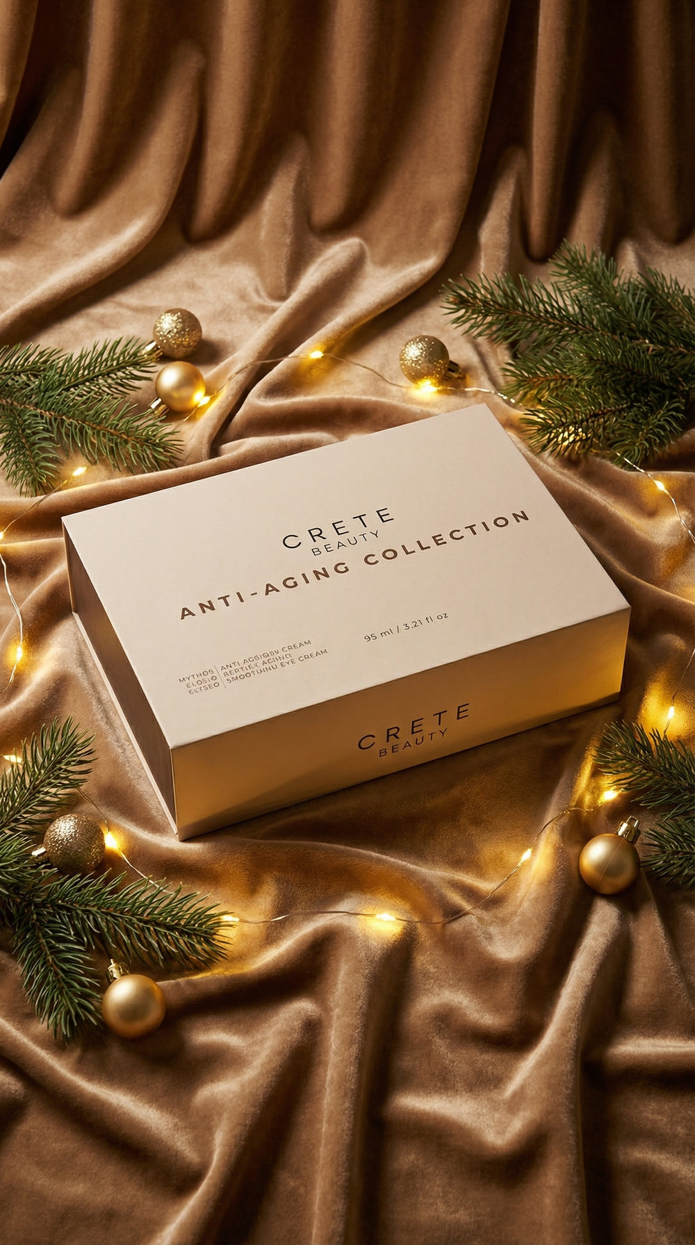 Crete Anti-Aging Collection box on a brown fabric background with Christmas decorations